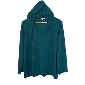 Earthbound Women's Hooded Sweater‎ Waffle Knit Stretch Pockets Blue Size Large